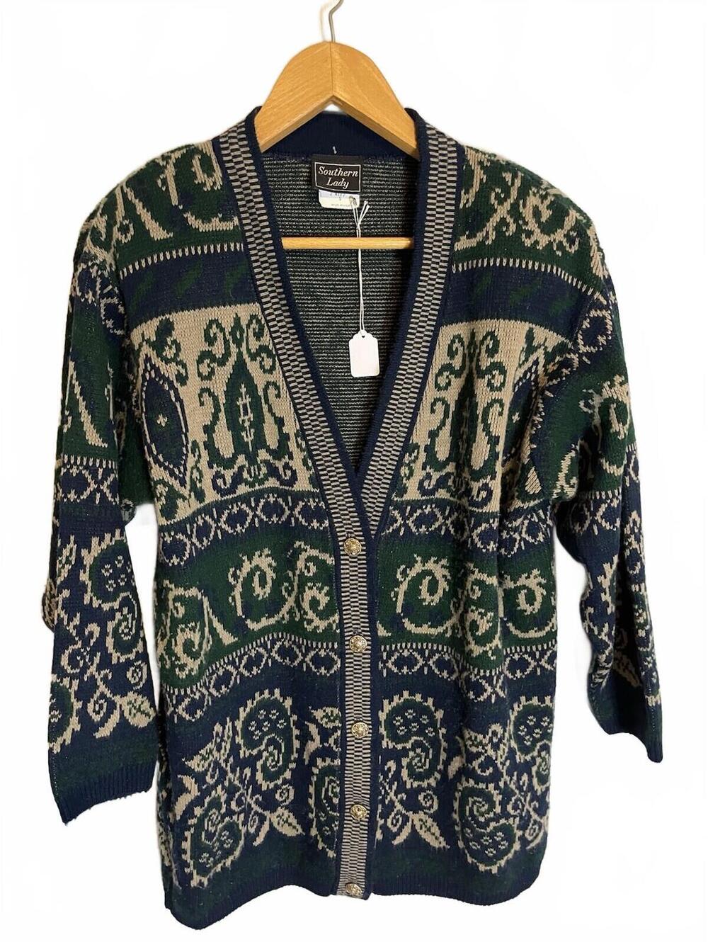 Vintage 90s Cardigan Knit Sweater Blue Beige Green S Button Paisley Preppy USA